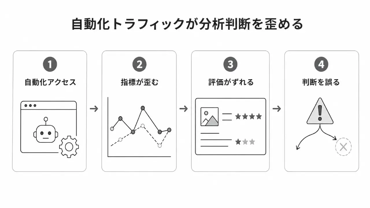 自動化トラフィックが指標を歪め、評価のずれや誤った分析判断につながる流れを示す図