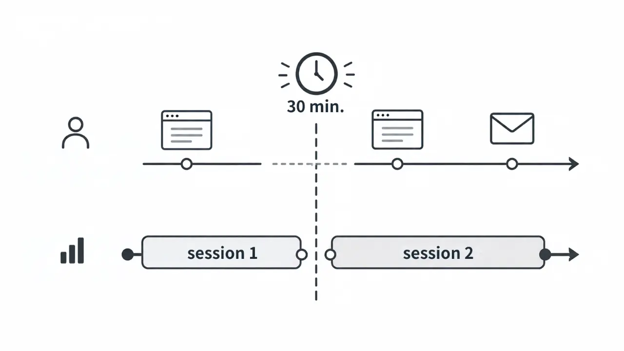 30分間の非アクティブ時間によってGA4のセッションが分割される仕組みの図解
